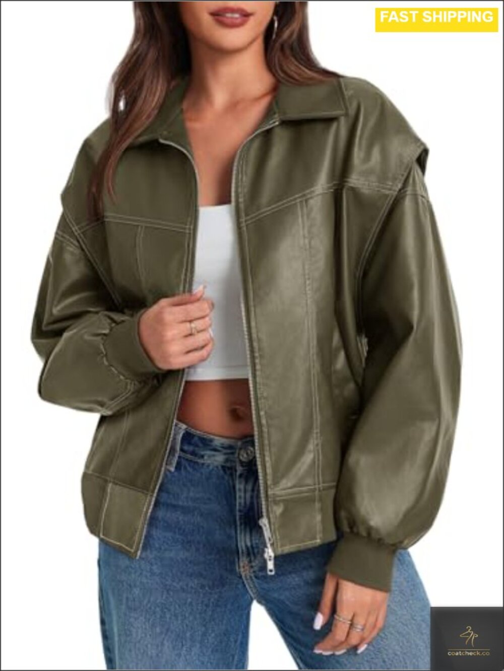 Oversized Faux Leather Bomber Jacket Zip Up Moto Biker Coat